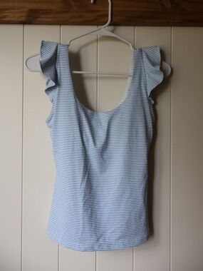 Southern Tide Blue & White Striped Ruffle Sleeve Tank Top Activewear